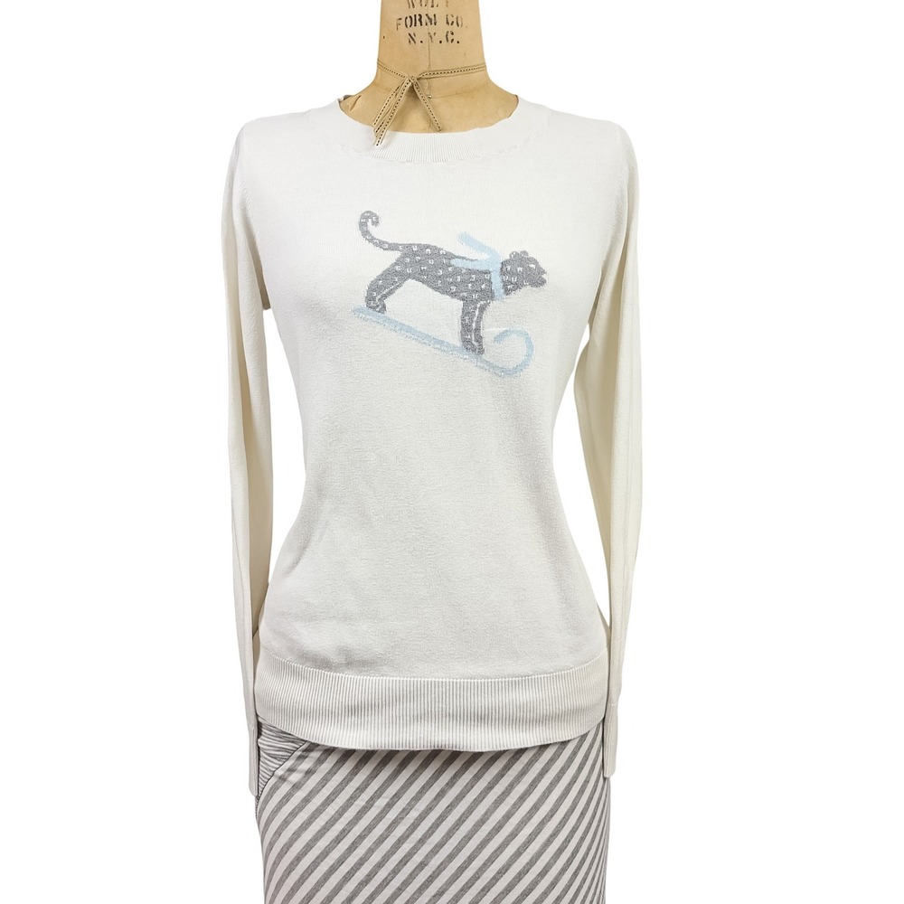 Y2K Preppy Leopard Sled Novelty Sweater Cozy Whimsical Winter Knit Crew Neck M